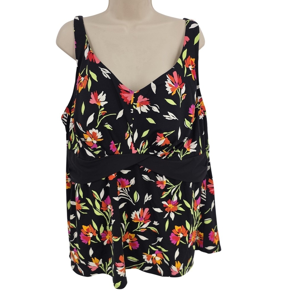 Lands' End Swimsuit Womens 24W Black Floral Tankini‎ Top Plus Size Beachy Resort